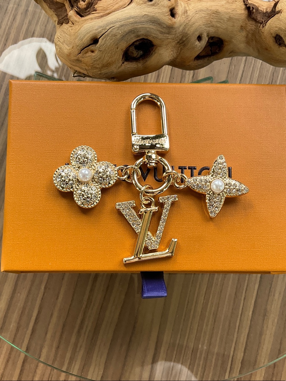 Louis Vuitton Gold Crystal Flower and LV Logo Key Charm